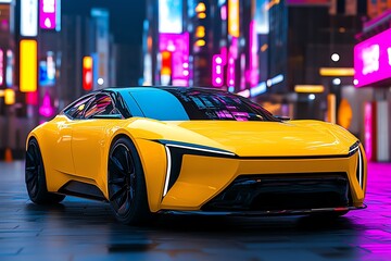 Futuristic mustard yellow car, set against a sleek, modern city backdrop with neon lights