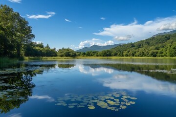 Fototapeta premium Tranquil Blue Lake with Lush Greenery and Majestic Mountains in the Background