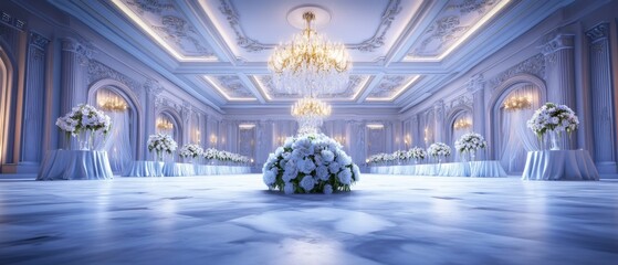 Elegant ballroom decorated with luxurious chandeliers and floral arrangements, perfect for weddings, banquets, and grand celebrations.