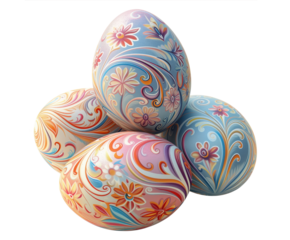 Four decorated eggs with flowers and swirls on them