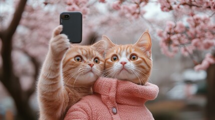 Two orange cats dressed in cozy jackets take a selfie under blossoming pink cherry trees on a sunny spring day