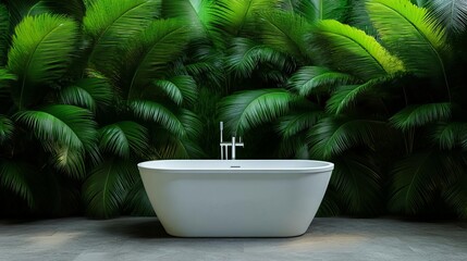 Tropical spa garden with a freestanding tub, surrounded by large palm leaves