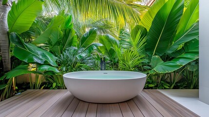 Fototapeta premium Tropical spa garden with a freestanding tub, surrounded by large palm leaves