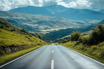 Naklejka premium Empty Road leading into Mountains with green valley landscape in the background.