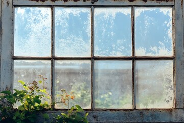 Old window pane with rustic frame, green plants, and blurred nature view outside, vintage style, farmhouse aesthetics