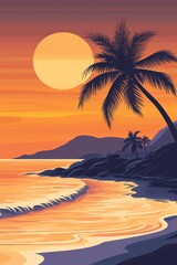 A beach scene at sunset with the sun just above the horizon palm trees gently leaning and calm waves in the foreground the design uses large simple shapes with smooth curves