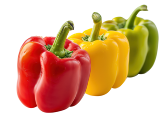 Three peppers of different colors are shown in a row