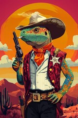 A colorful gunslinging lizard in a western setting wearing a full gunslinger outfit smoking a cigarette multicolor illustration minimalist art image