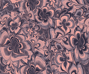 Wavy flowers in caramel colors abstract seamless pattern in ebru liquid style. Perfect for textile, package, packaging, posters, wall decor, wallpaper, fabric. Contemporary Liquid Art. 