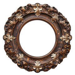 A gold framed round picture frame with a floral design