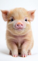 A cute piglet with a pink snout and soft ears white background 