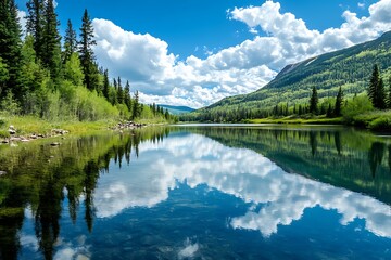 Fototapeta premium Serene mountain lake with clear blue water, reflecting the sky and clouds. Peaceful nature scene with lush green trees on shore