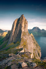 The epic Segla mountain viewed from Mount Hesten at sunset,  Senja Island, Norway