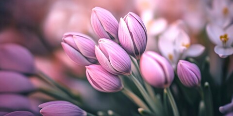 Fototapeta premium Beautiful arrangement of pink flower buds, showcasing delicate petals and a soft color palette. Perfect for nature themes, floral designs, or spring celebrations. AI
