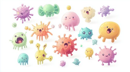 Fototapeta premium Colorful Cartoon Virus Characters - Cute and Playful Microbes for Educational and Creative Projects