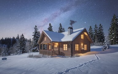 Cozy cabin in the snowy woods at night with the milky way in the sky.