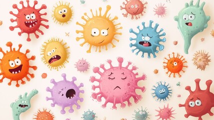 Fototapeta premium Colorful Cartoon Virus Characters with Various Expressions on Light Background - Fun and Educational Illustration