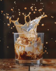 Cream splashes into a glass of iced coffee on wooden table