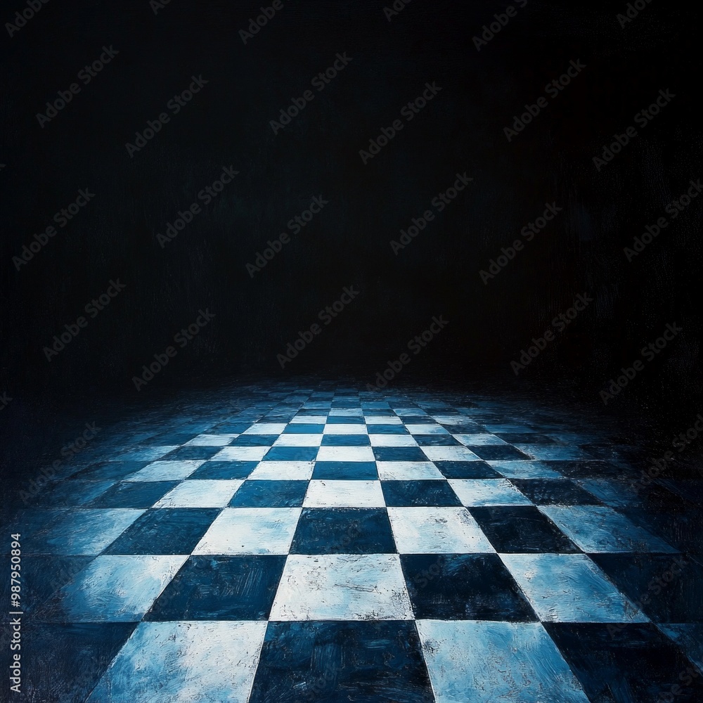 Poster a mysterious checkerboard floor emerges from the shadows. the dark background highlights the subtle 
