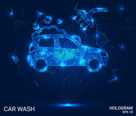 Fototapeta premium Hologram car wash. Car wash made of polygons, triangles, dots, and lines. Low-poly car wash structure of connections. Technology concept vector.