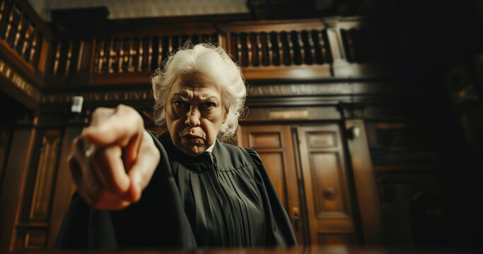 Female judge reaching a verdict to plead guilty by pointing finger with angry face, copy space on courtroom background