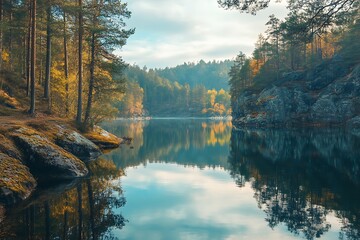 Naklejka premium Tranquil Forest Lake with Misty Morning Atmosphere, Nature Photography