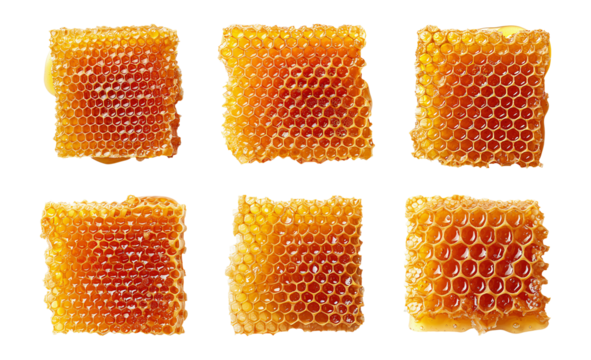 Honeycomb pieces in various shapes and sizes with glistening golden honey filling the hexagonal cells