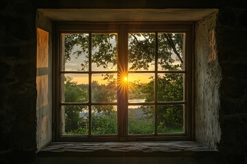Sunlight shining through old window with a view of trees and sunset