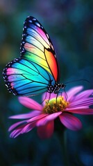 A vibrant, multi-colored butterfly with wings that feature gradients of blue, green, yellow, orange, and pink, is perched delicately on a pink flower with a yellow center. The background is softly blu