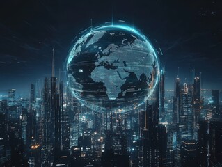 Fototapeta premium Creative Futuristic Global Interface Over Cityscape - Advanced Technology, Digital World, Urban Innovation.