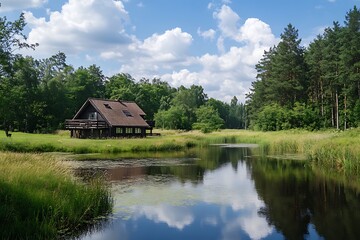Fototapeta premium Secluded cabin by a tranquil lake in a lush green forest