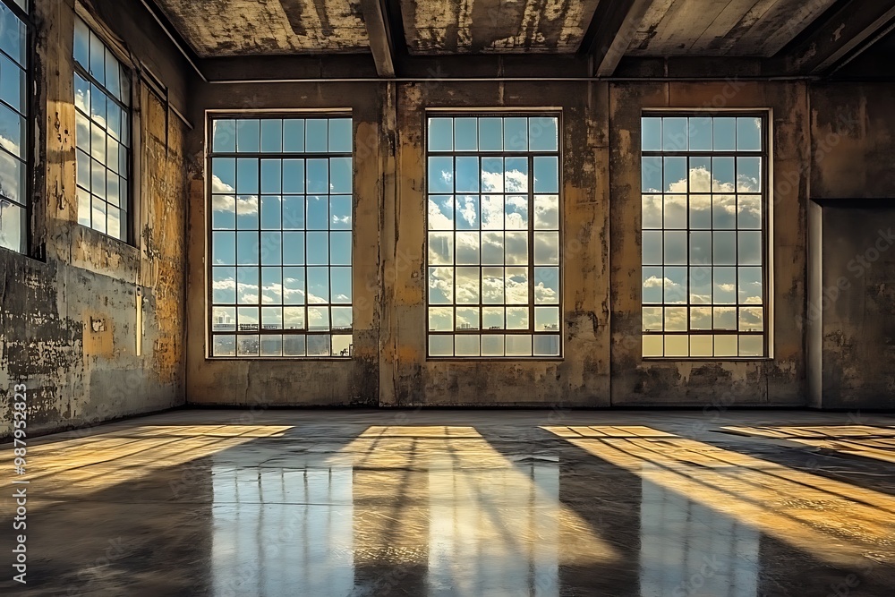 Poster Large empty room with big windows and sunlight streaming in, urban interior photography