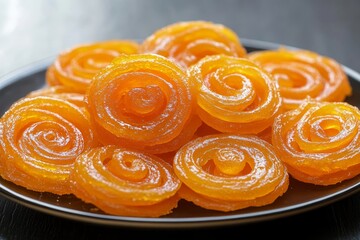 A plate of orange-colored jalebi sweets, shaped like spiral roses and arranged on top of each other in an artistic way.