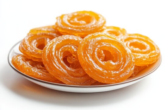 Jalebi, a sweet, on a plate isolated against a white background with a clipping path.