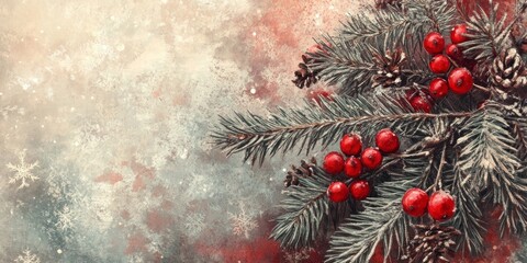 A beautiful close-up of pine branches adorned with bright red berries. This festive scene evokes a sense of warmth and holiday spirit. Perfect for seasonal designs. AI