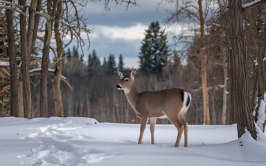 Naklejka premium A deer stands in a snowy forest, looking towards the viewer.