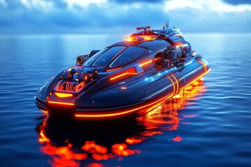Futuristic ocean research vessel, floating on the surface, equipped with high-tech gear and glowing lights