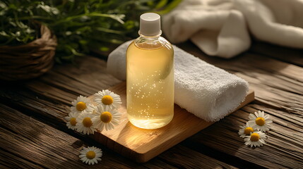 Bottle of shampoo designed for sensitive scalp care. Natural cosmetics made from chamomile extract and flowers. Yellow color gel, white towels, top view on wooden table