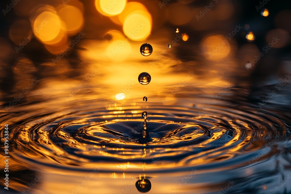 Wall mural Water Droplet Splashing into Still Water with Golden Bokeh Background