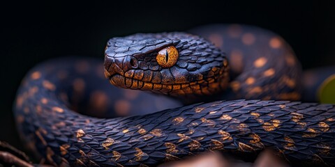 Obraz premium A striking close-up of a snake showcasing detailed scales and bright eyes. The image captures the beauty of nature. Ideal for wildlife enthusiasts and educational purposes. AI