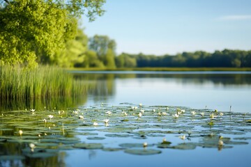 Peaceful lake with lily pads, calm water, and green trees on the horizon, Tranquil nature scene