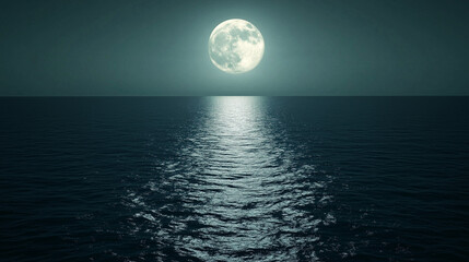 Fototapeta premium Magiczna scena z pełnym księżycem nad cichym oceanem, gdzie srebrny blask oświetla wodę, tworząc idylliczną atmosferę.