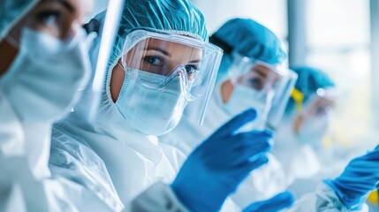A high-resolution image of laboratory workers wearing protective gear, including gloves, masks, and goggles, following safety protocols.