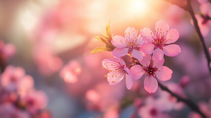 Fototapeta premium Urokliwy widok na ogród sakura, wypełniony drzewami pokrytymi wiosennymi kwiatami. 