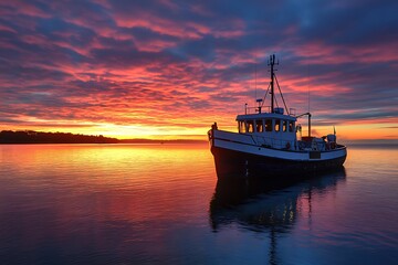 Fototapeta premium Silhouette of boat at sunset on calm water with colorful sky