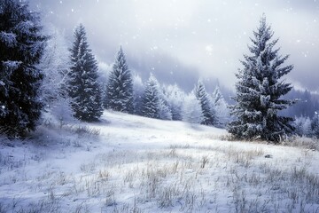 Fototapeta premium Snowy Winter Forest Landscape with Pine Trees and Falling Snow