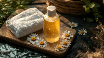 Bottle of shampoo designed for sensitive scalp care. Natural cosmetics made from chamomile extract and flowers. Yellow color gel, white towels, top view on wooden table