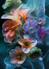 Fototapeta premium tropical vibrant wedding bouquet of flowers - bright colours, with silk veil fabrics, elegant and soft, tropical flowers and leaves, romantic 