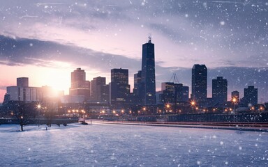 Fototapeta premium A snowy cityscape with a beautiful sunset and skyscrapers in the background.