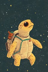 Fototapeta premium A simple painting of a turtle with astronaut tenue in space, in oil paint, minimalistic, cute and funny